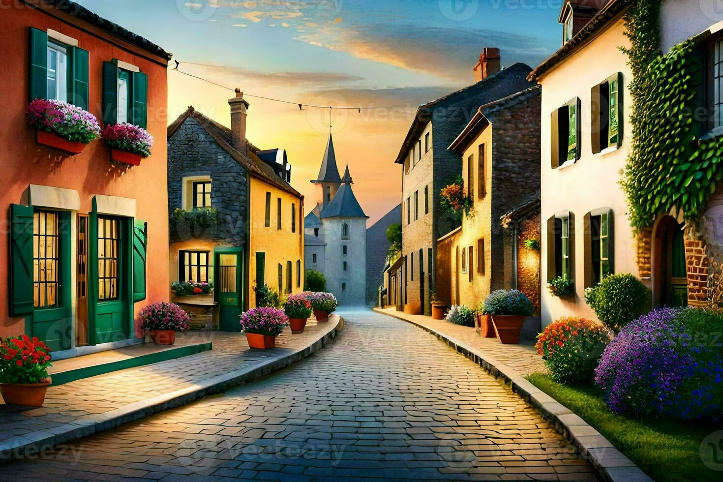 photo wallpaper the sky, street, houses, flowers, sunset, the village, the sunset,. AI-Generated