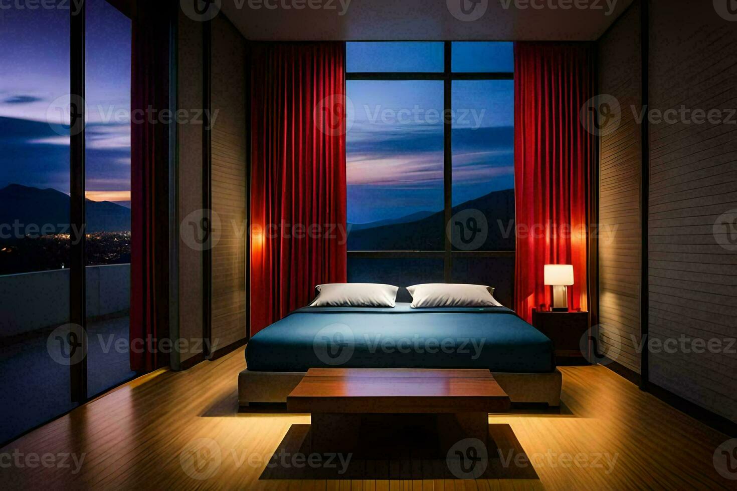 a bedroom with a bed and a window overlooking the mountains. AI-Generated photo