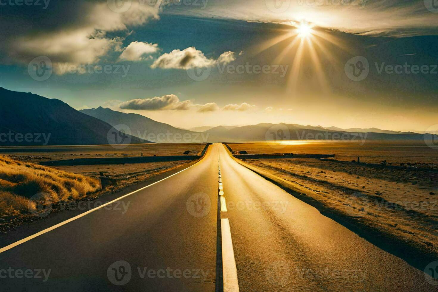 a long empty road with the sun shining over it. AI-Generated photo