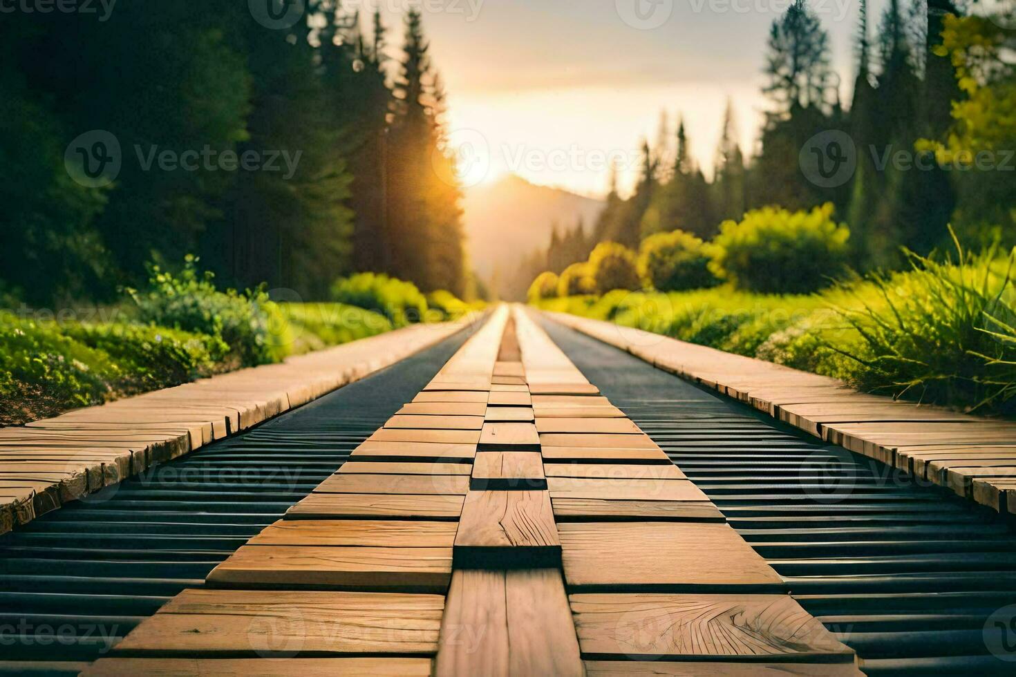 a wooden track in the middle of a forest. AI-Generated photo
