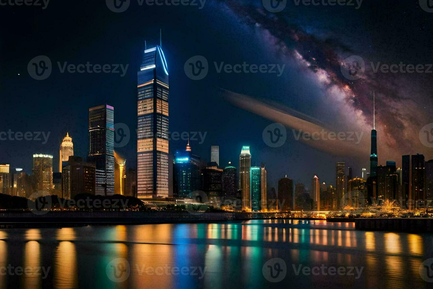 the city skyline at night with the milky in the sky. AI-Generated photo