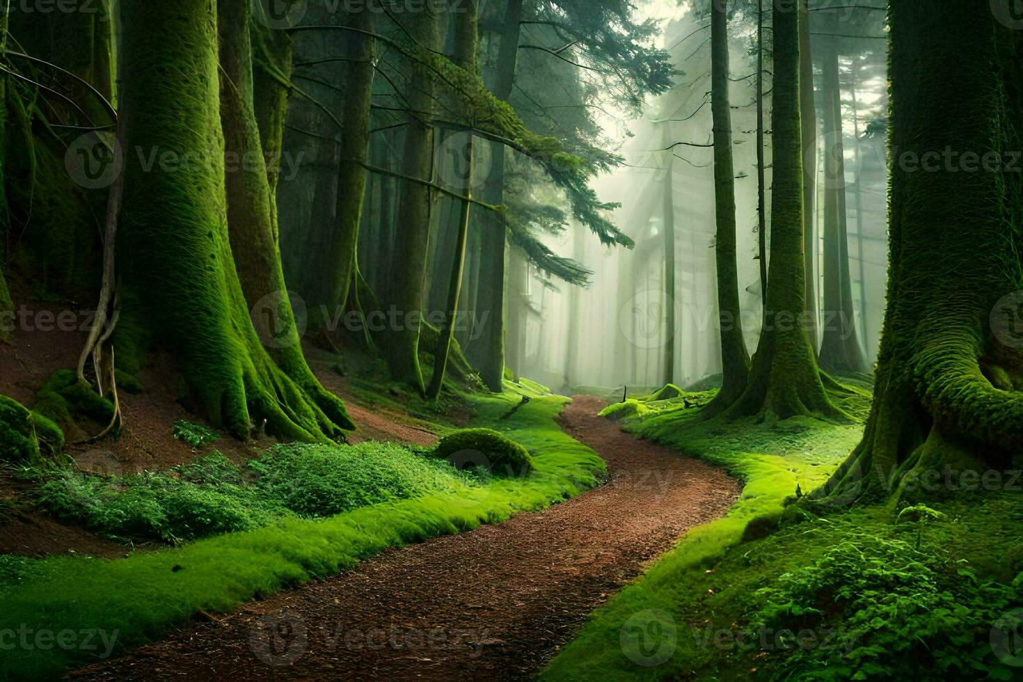 a path through a green forest with trees and moss. AI-Generated photo