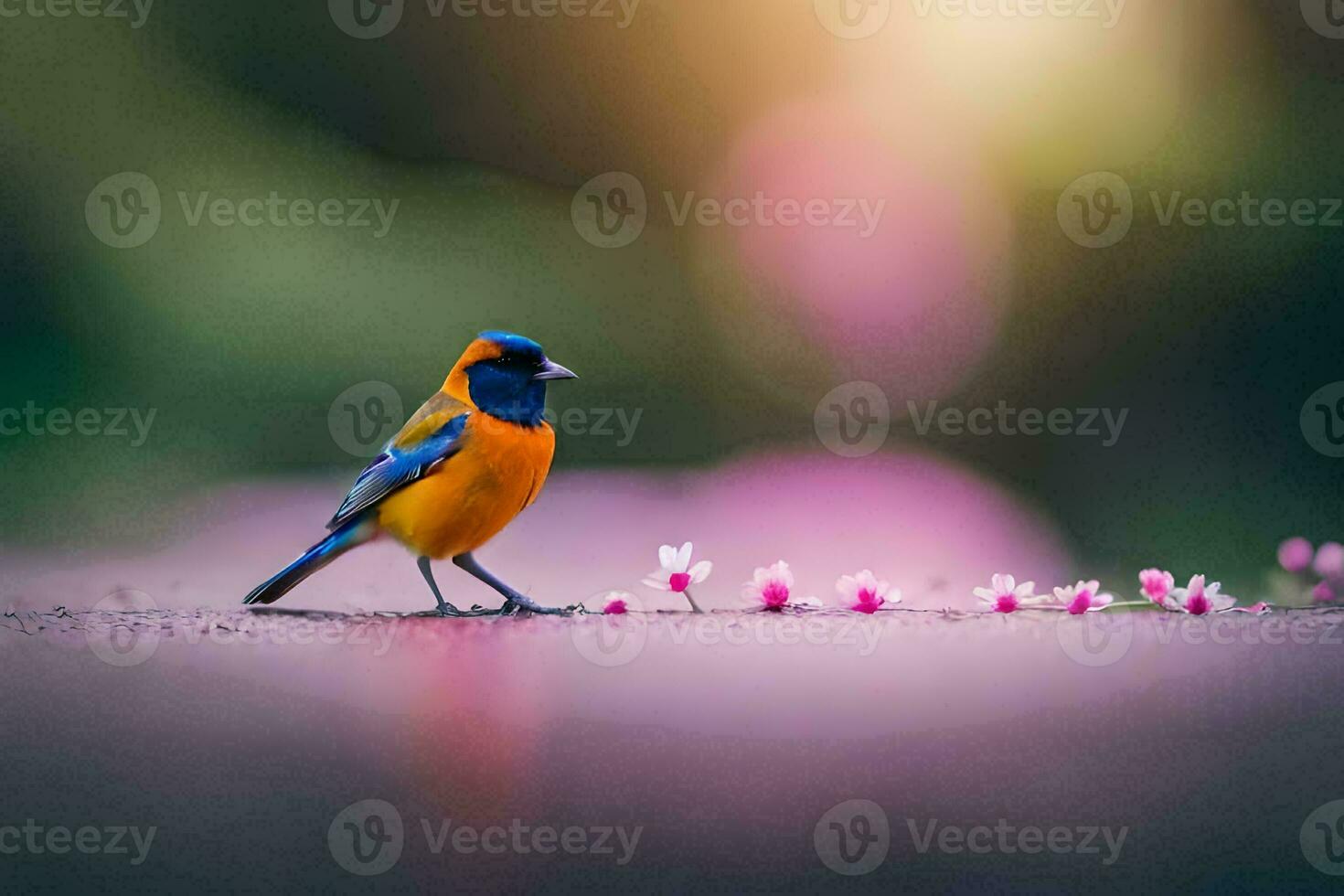 a small bird is standing on the ground with pink flowers. AI-Generated photo