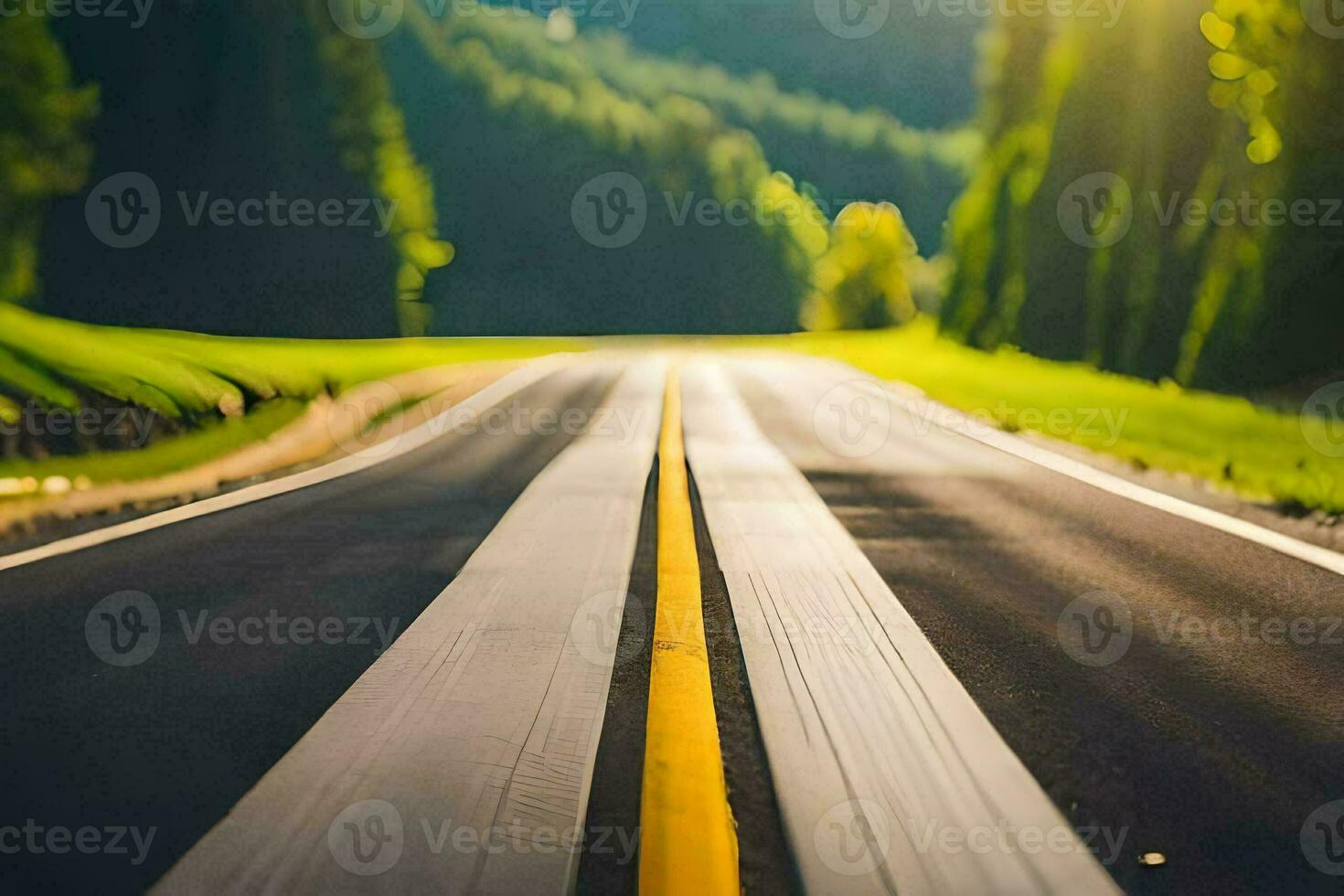 un la carretera con amarillo líneas y arboles en el antecedentes. generado por ai foto