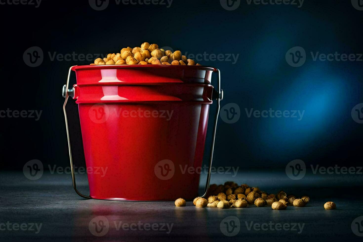 a red bucket filled with chickpeas on a dark table. AI-Generated photo