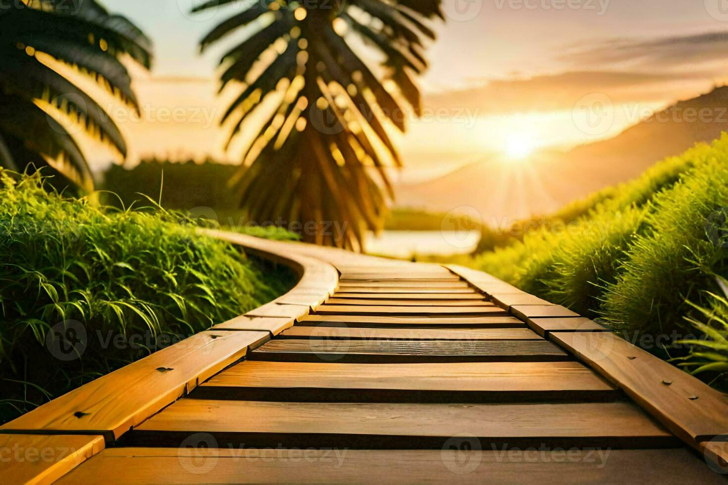 a wooden pathway leads to the sun. AI-Generated photo