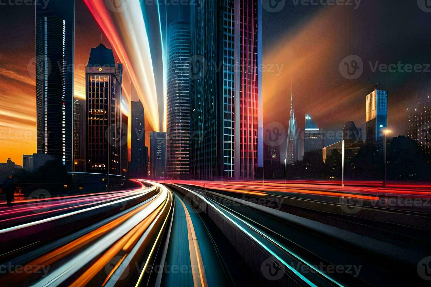 a city at night with light trails. AI-Generated photo