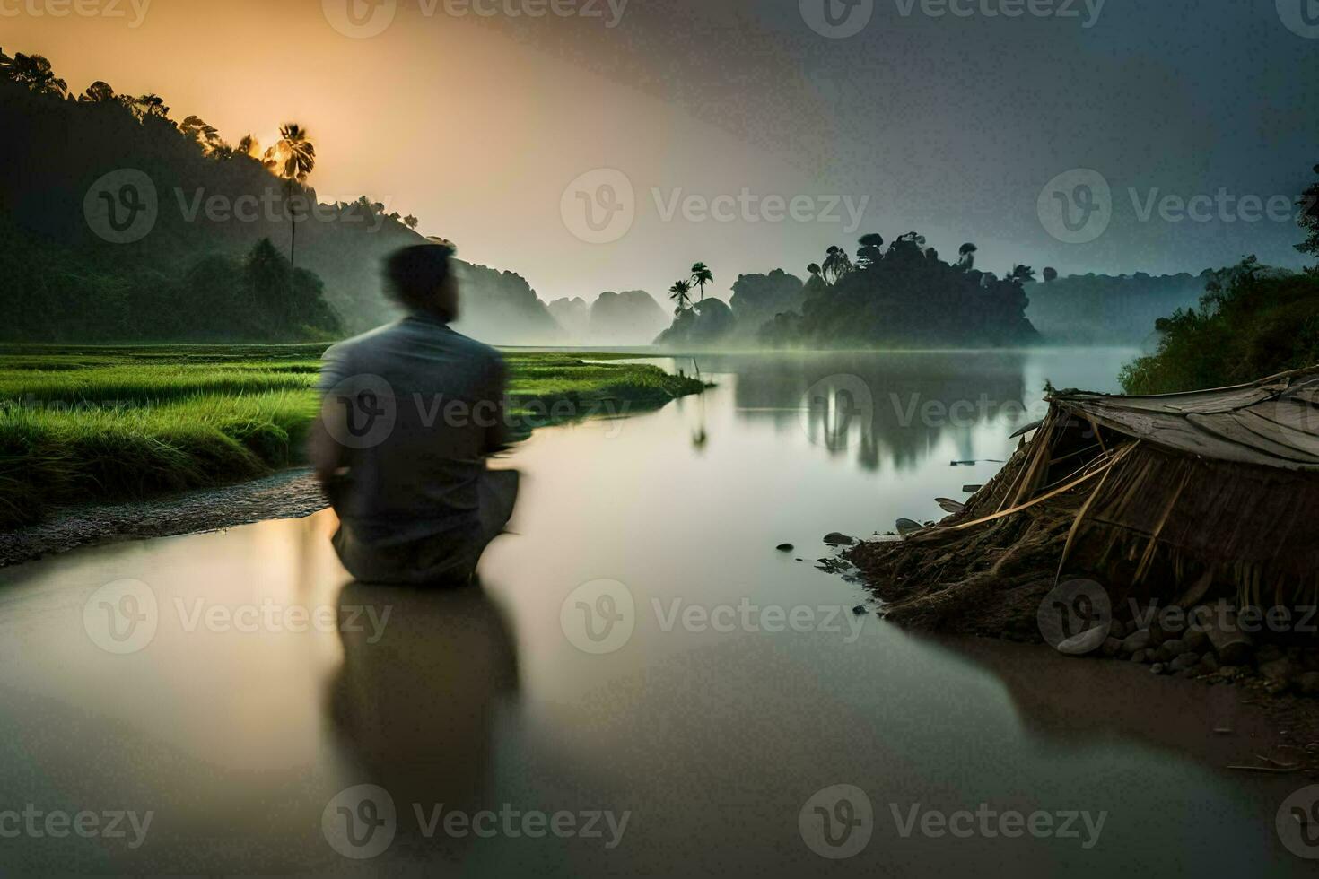 a man sitting on the edge of a river at sunrise. AI-Generated photo