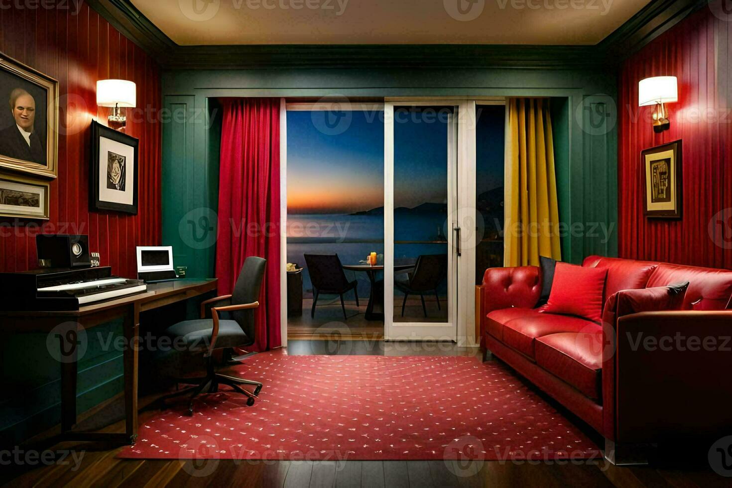 un rojo sofá y silla en un habitación con un ver de el océano. generado por ai foto