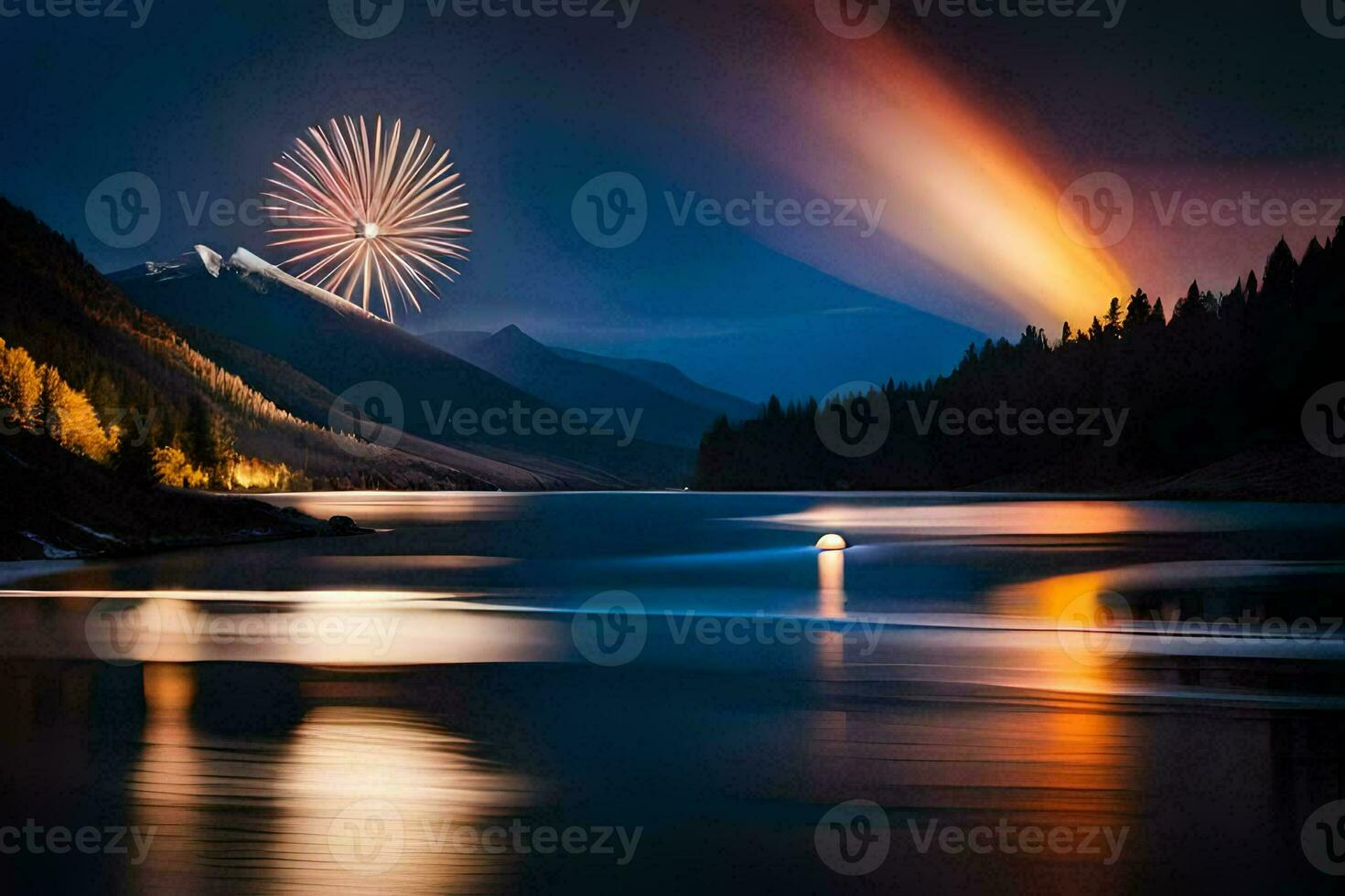 fireworks over a lake with mountains in the background. AI-Generated photo