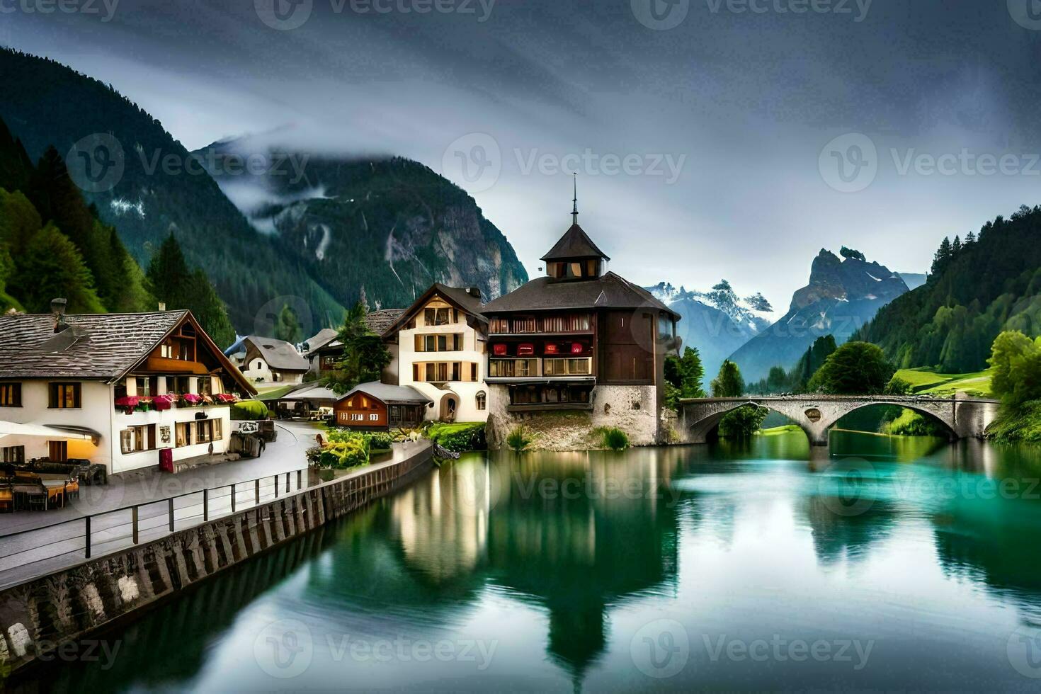photo wallpaper the sky, mountains, lake, house, bridge, house, lake, house,. AI-Generated