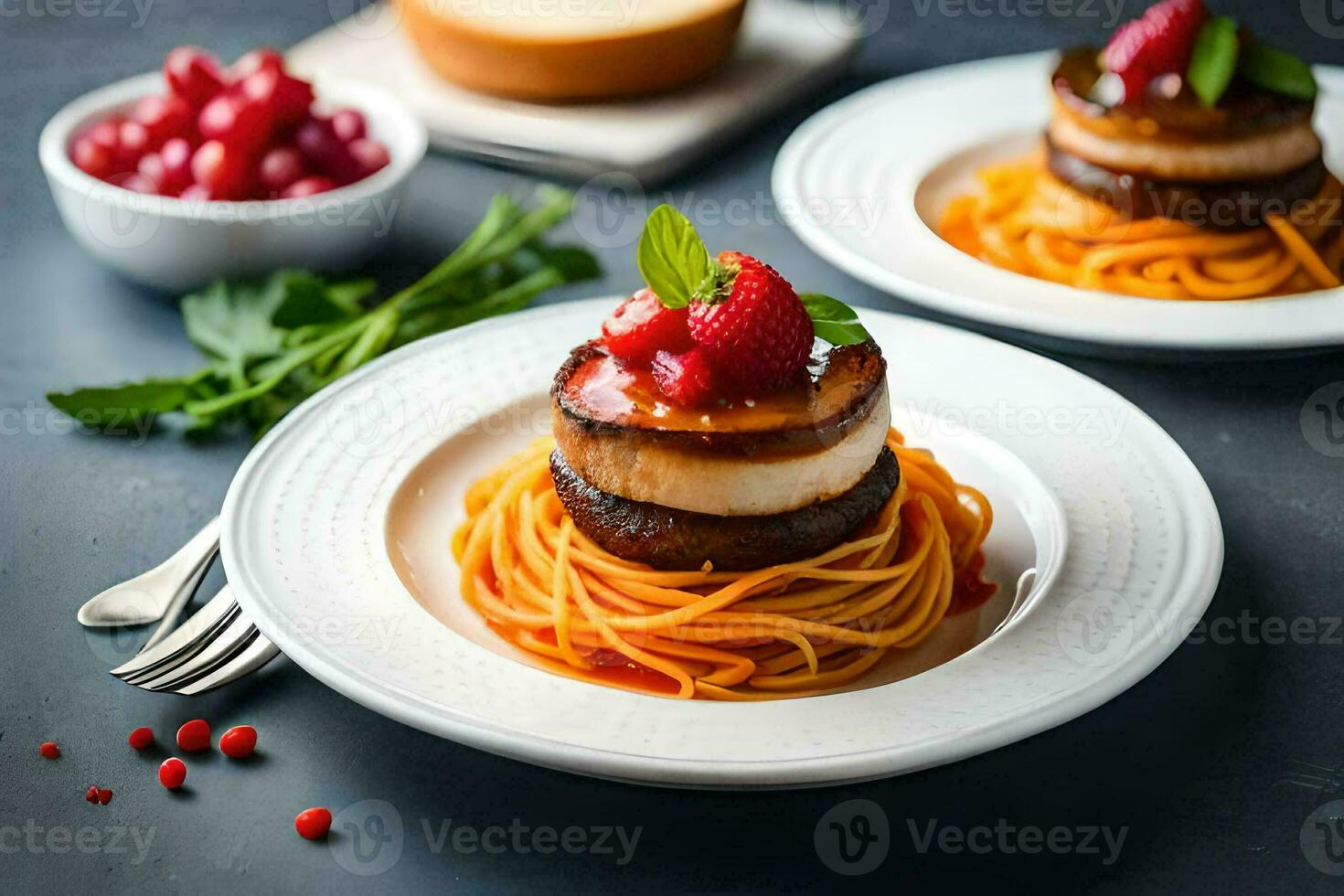 two plates with spaghetti and meat on them. AI-Generated photo