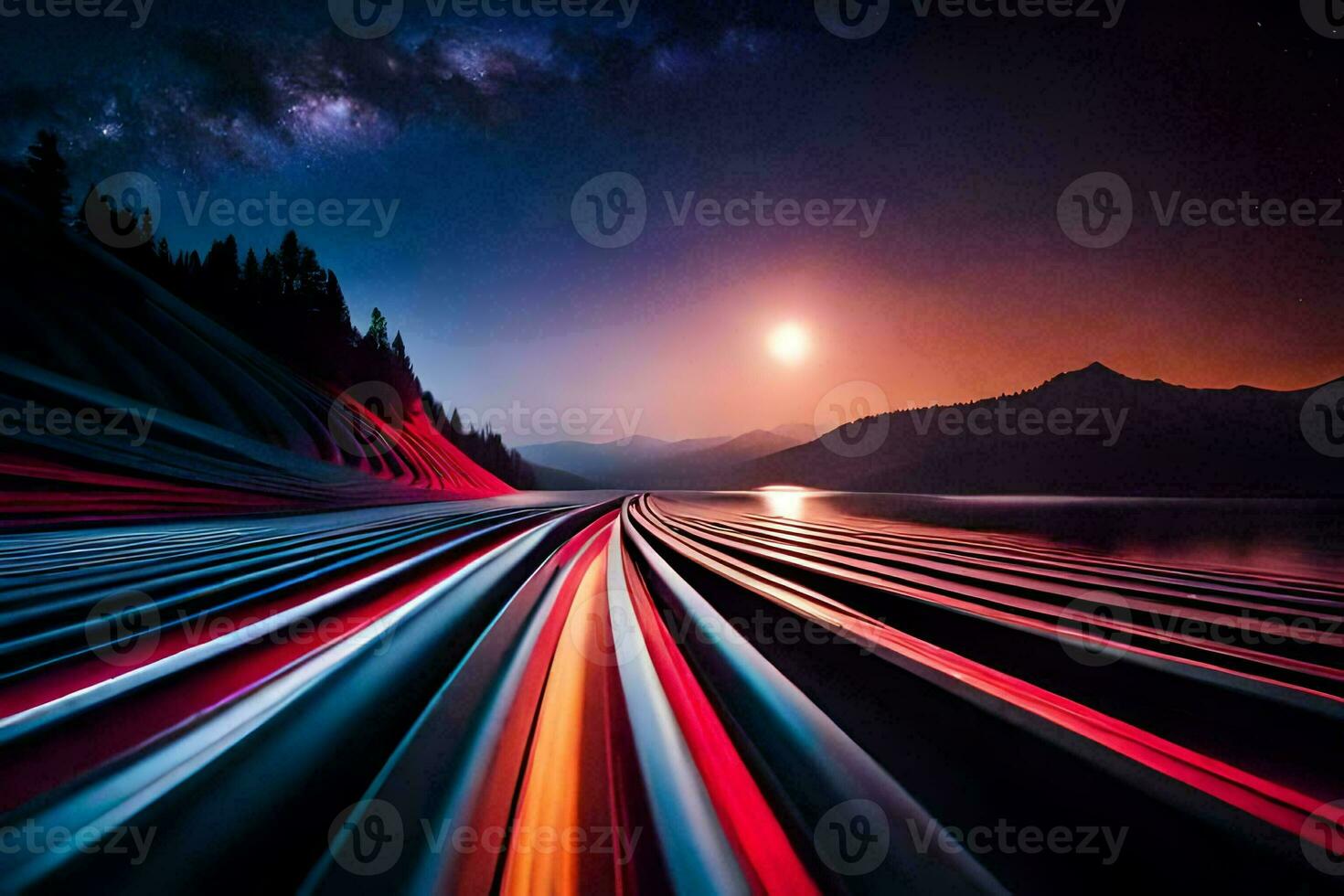 a long exposure photograph of a train going through the night sky. AI-Generated photo