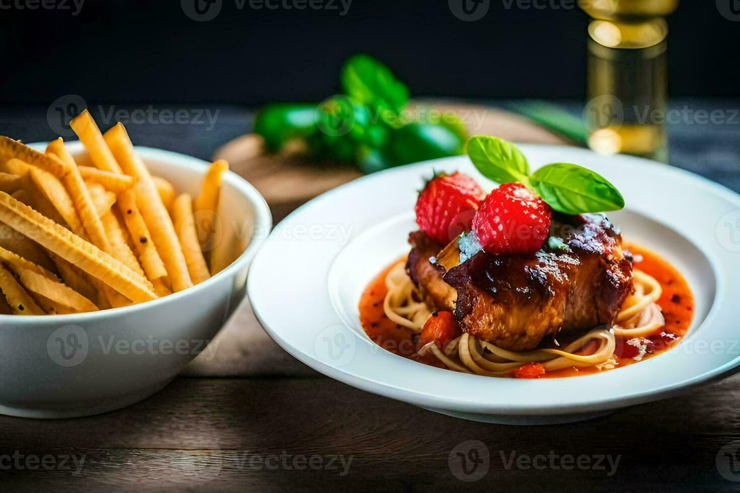 the food is served on a wooden table. AI-Generated photo