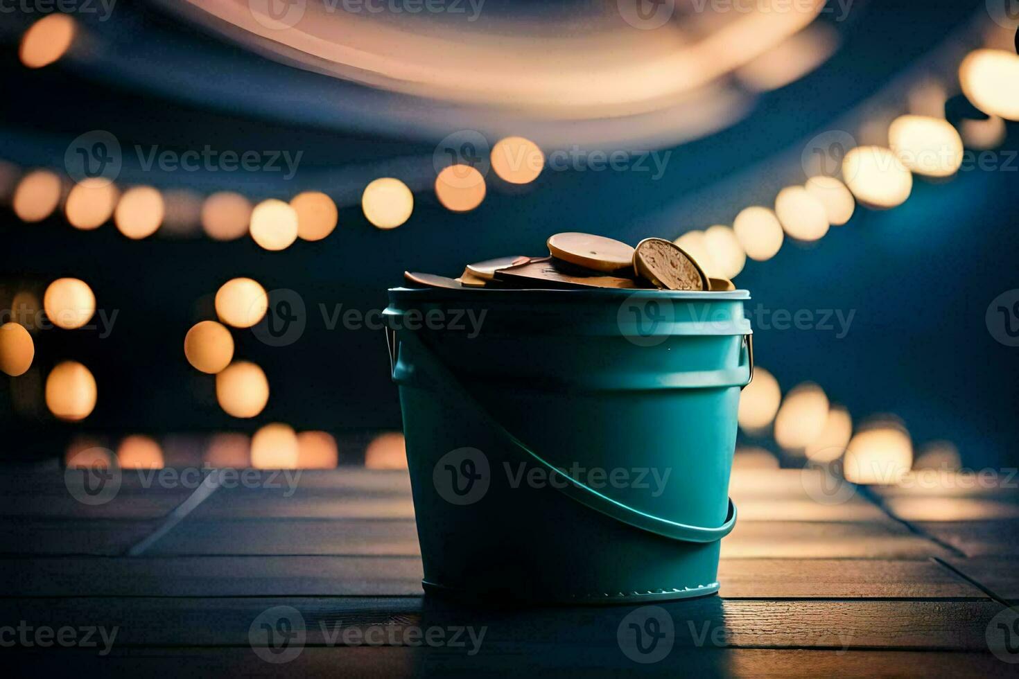 a bucket of coins on a table in front of a bokeh background. AI-Generated photo