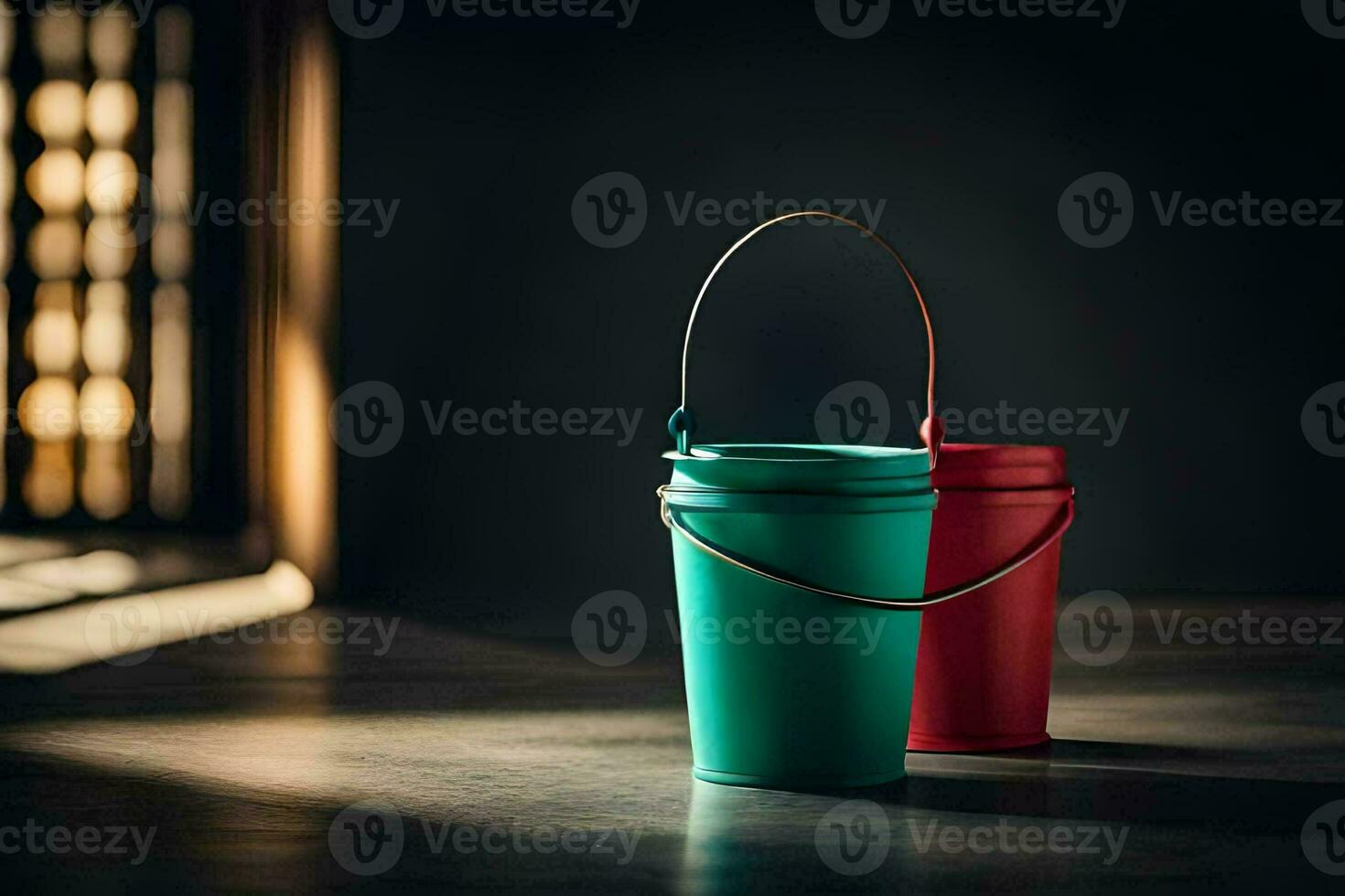 two red and green buckets sitting on a wooden floor. AI-Generated photo