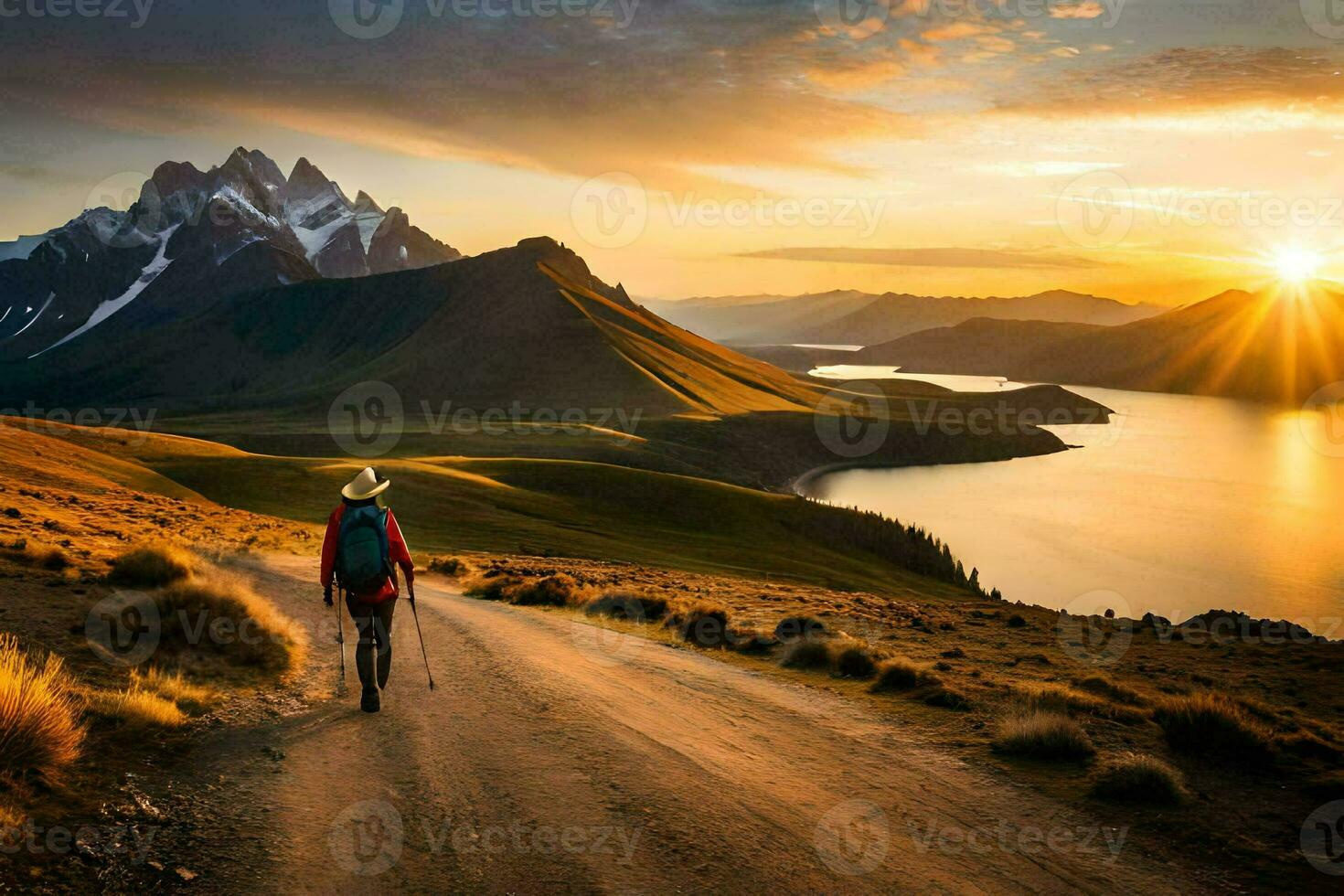 a man walks on a road in the mountains. AI-Generated photo