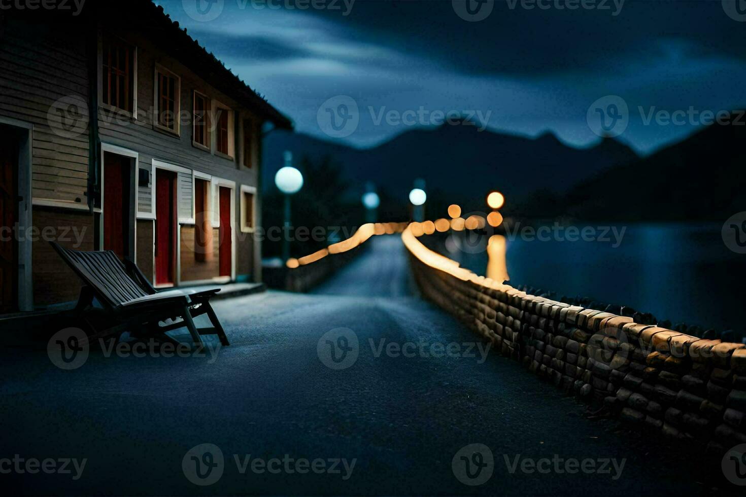 a long walkway with lights on the side of the road. AI-Generated photo
