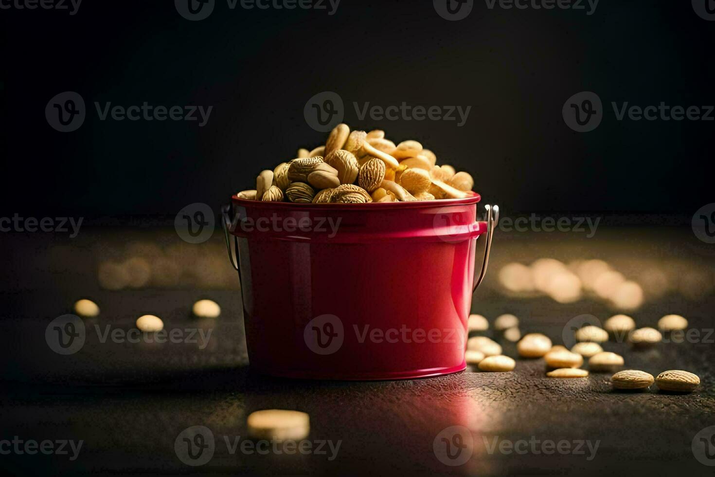 a red bucket filled with peanuts on a dark table. AI-Generated photo