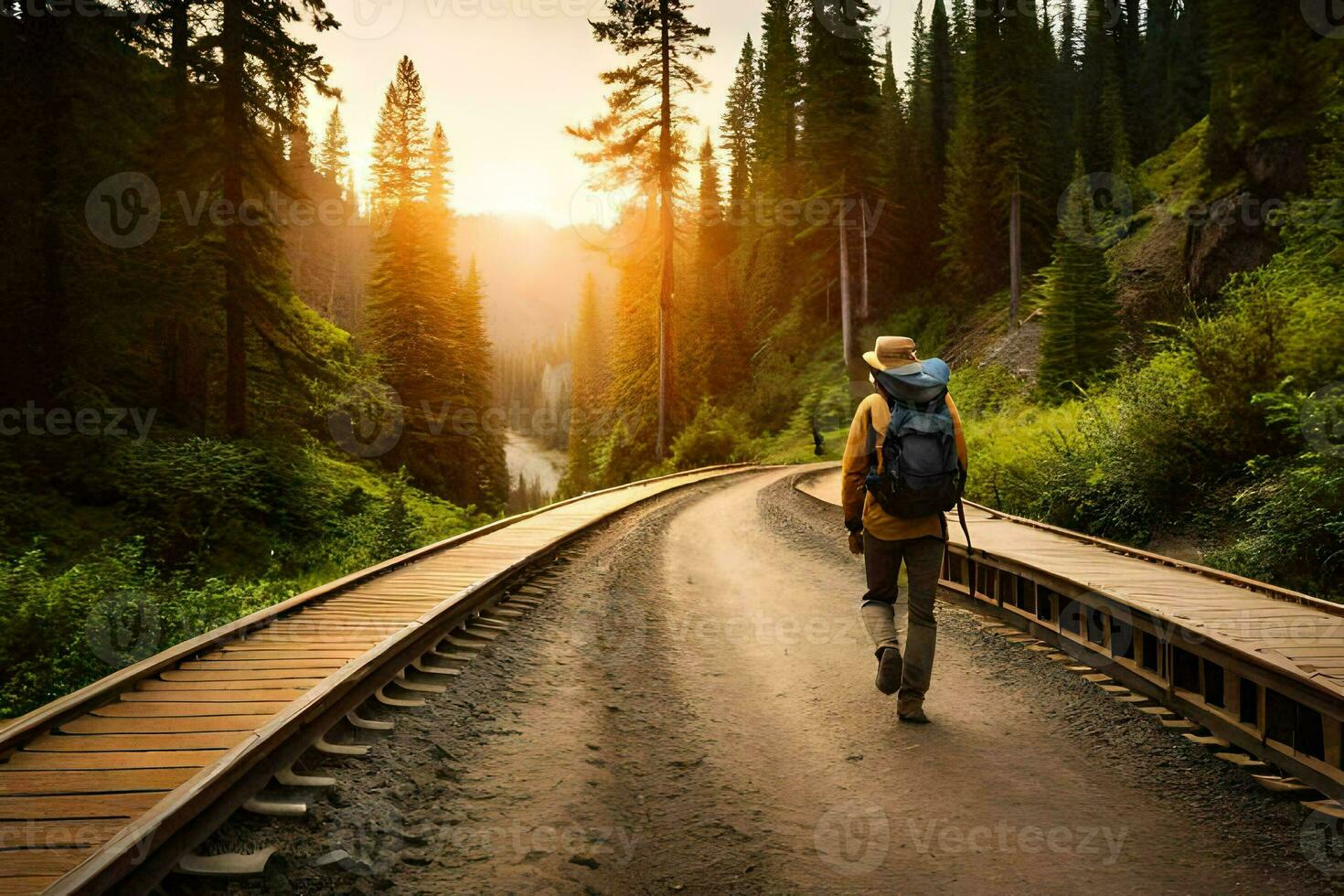 a man with a backpack walking on a railroad track. AI-Generated photo