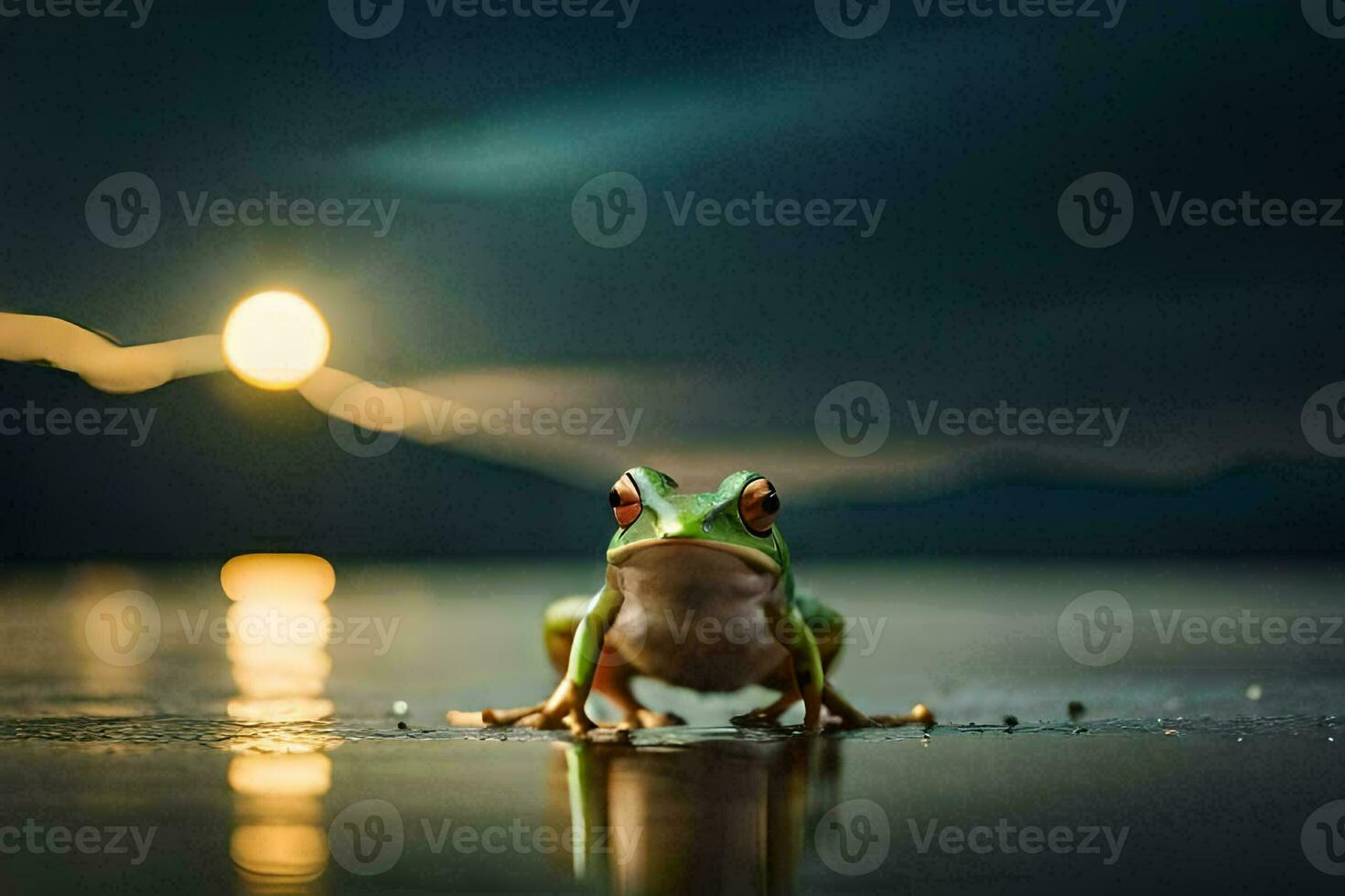 a frog sitting on the water at night. AI-Generated photo