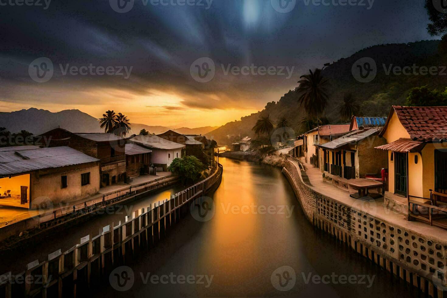 un río carreras mediante un pueblo a puesta de sol. generado por ai foto