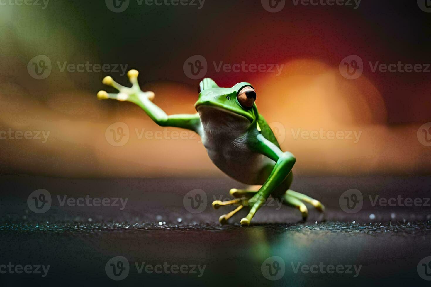 a frog is standing on its hind legs with its arms outstretched. AI-Generated photo