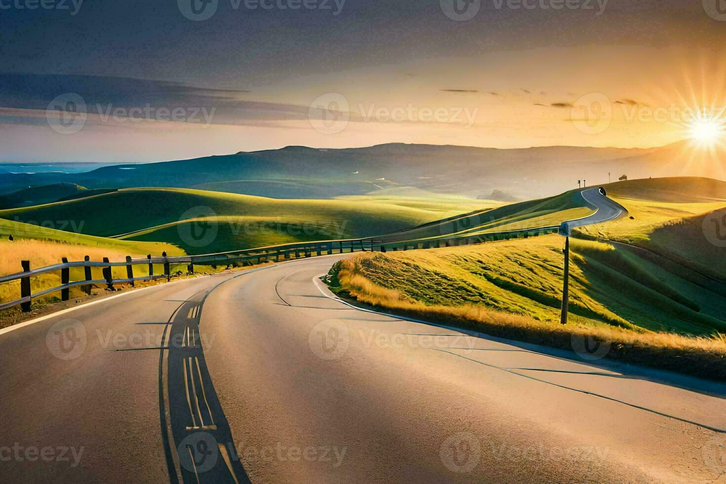 a road winding through the hills at sunset. AI-Generated photo