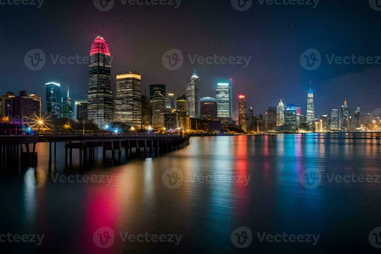 the city skyline at night with colorful lights. AI-Generated photo
