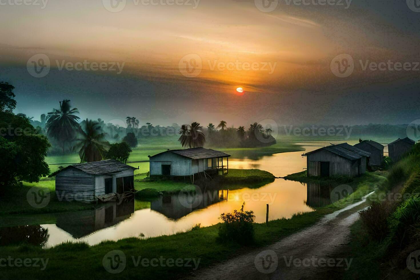 the sun rises over a small village and some houses. AI-Generated photo