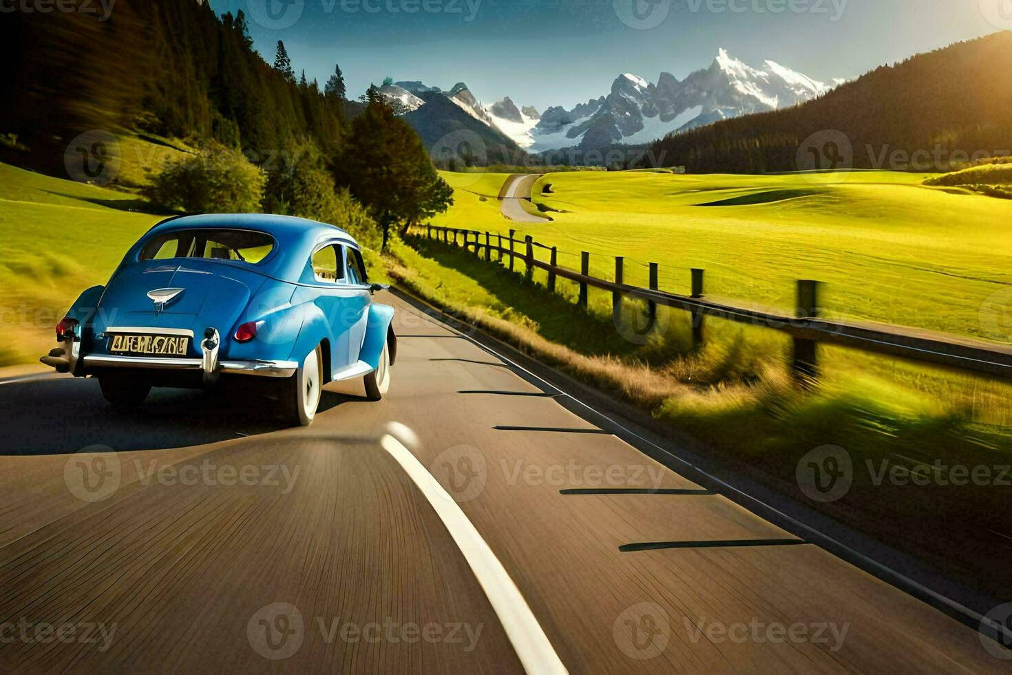 a classic car driving down a country road. AI-Generated photo