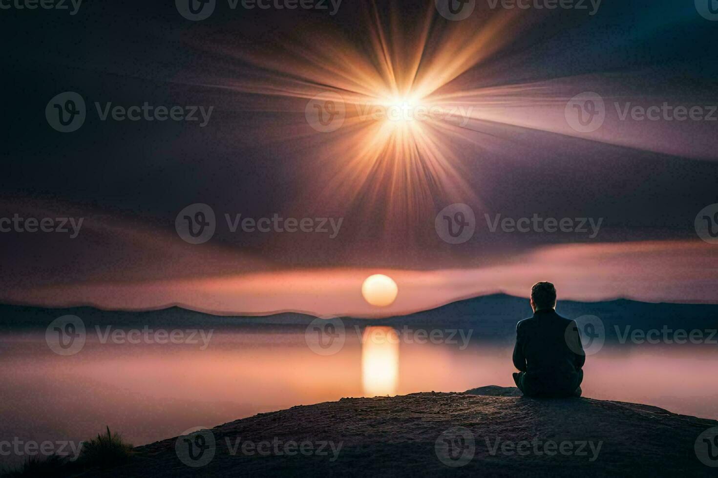a man sitting on a rock overlooking the ocean and the sun. AI-Generated photo