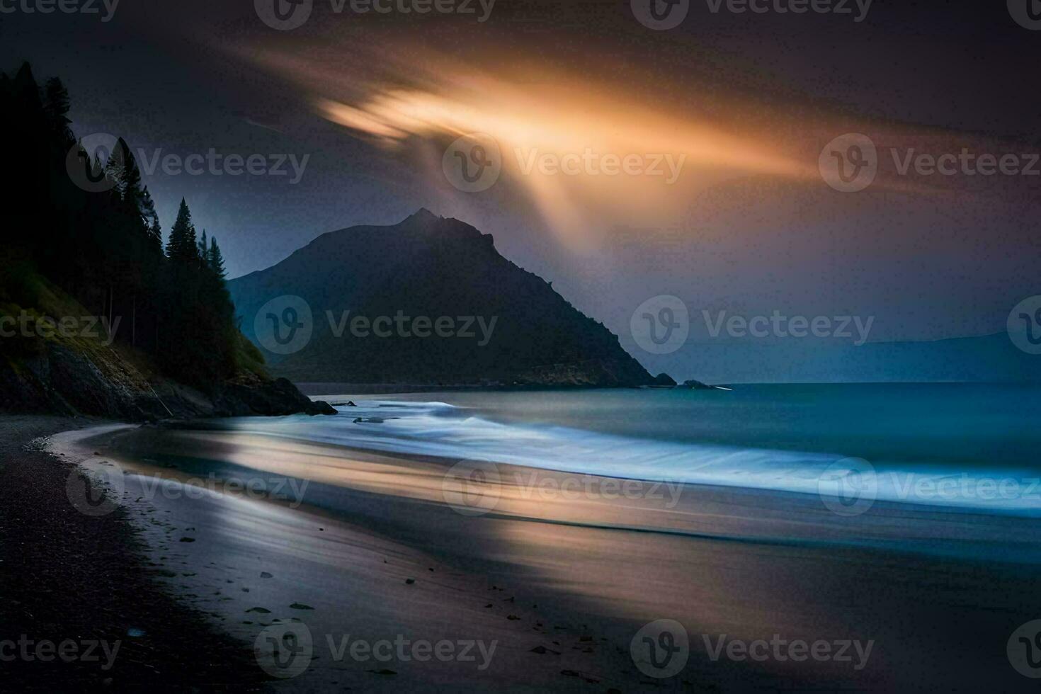 a beach at night with a sun shining through the clouds. AI-Generated photo
