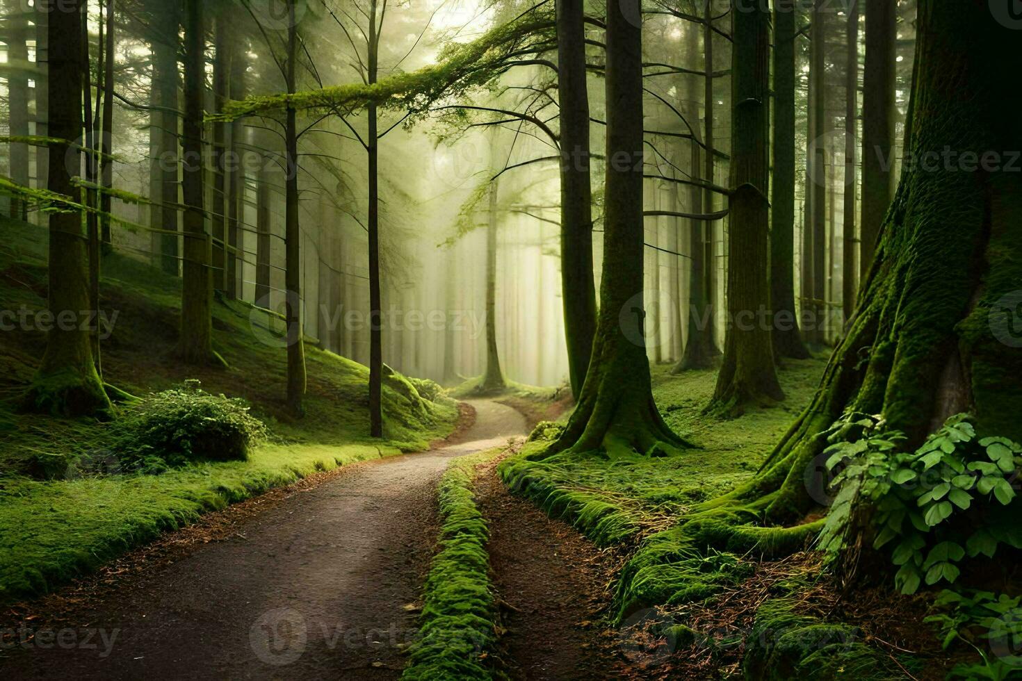 a path through a green forest with trees and moss. AI-Generated photo