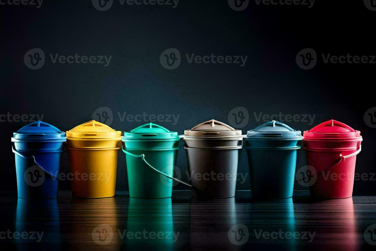 a row of colorful plastic buckets on a dark background. AI-Generated photo