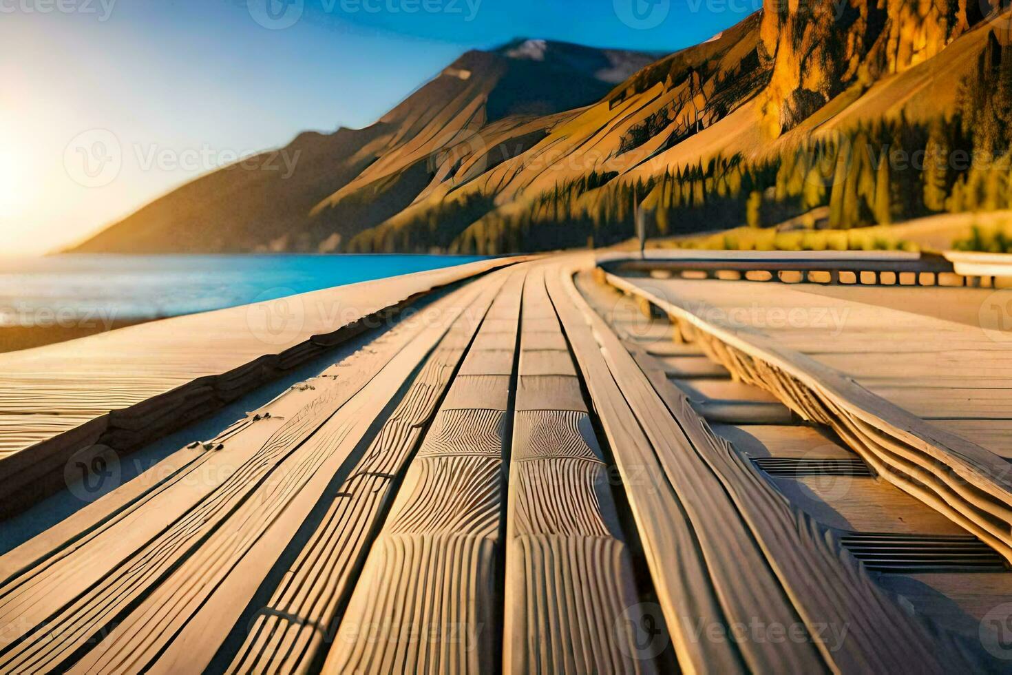 a wooden boardwalk leads to the ocean and mountains. AI-Generated photo