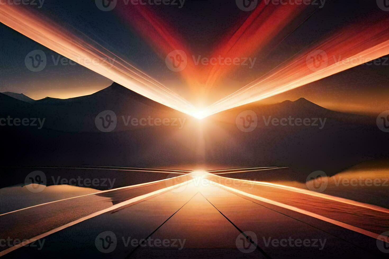 a sunset over a lake with a bright light. AI-Generated photo
