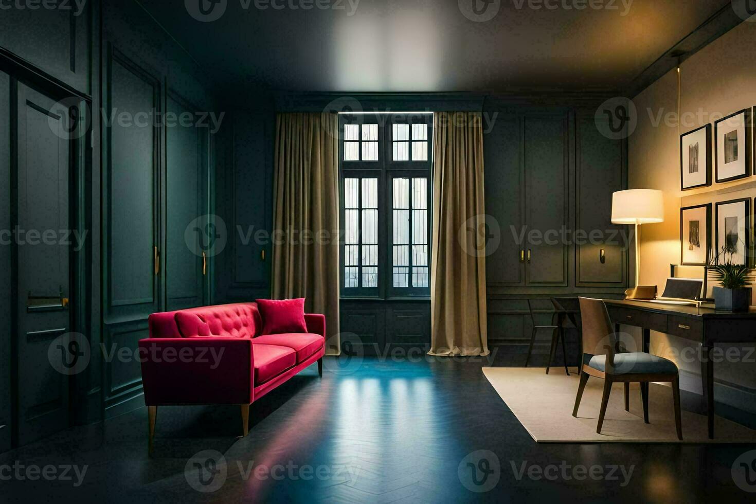 un habitación con oscuro madera paredes y un rojo sofá. generado por ai foto