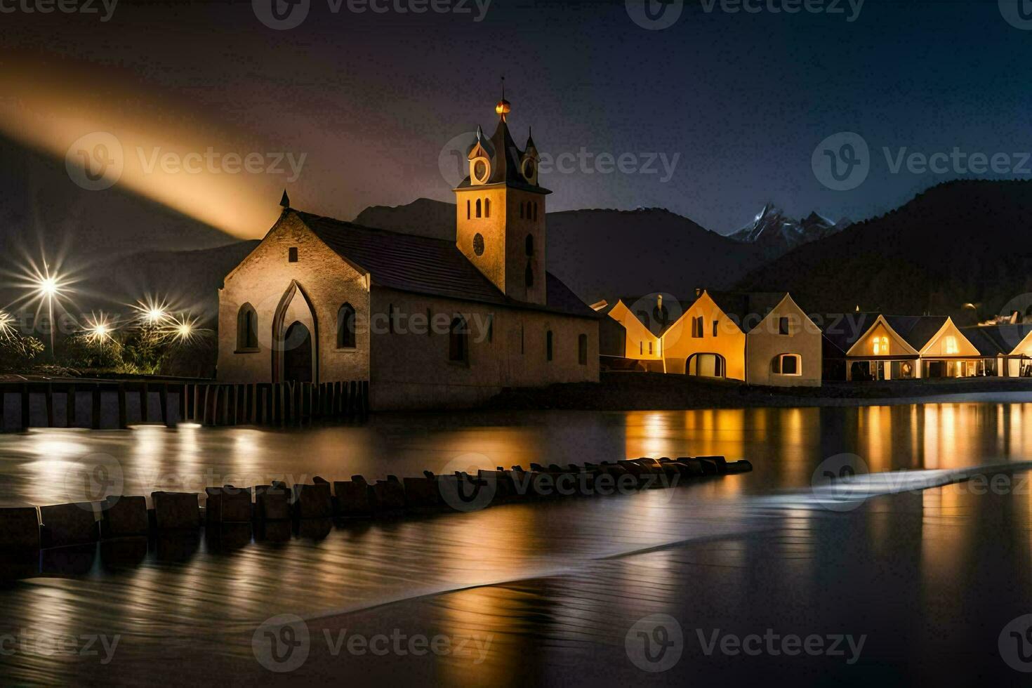 a church is lit up at night in the middle of a lake. AI-Generated photo