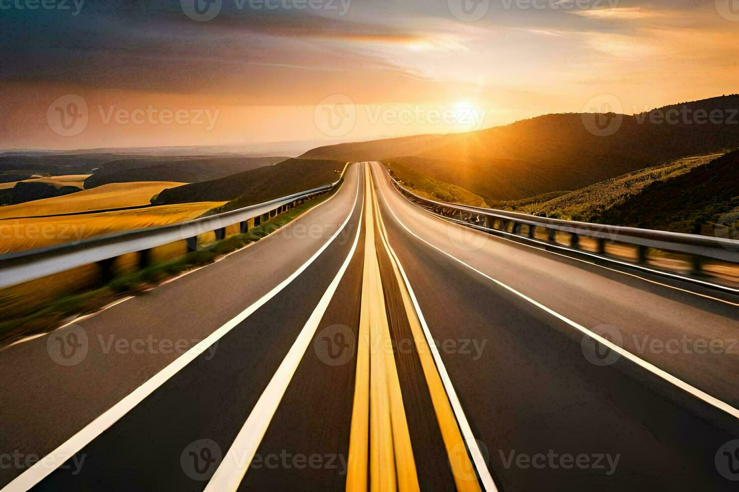 a highway with the sun setting behind it. AI-Generated photo