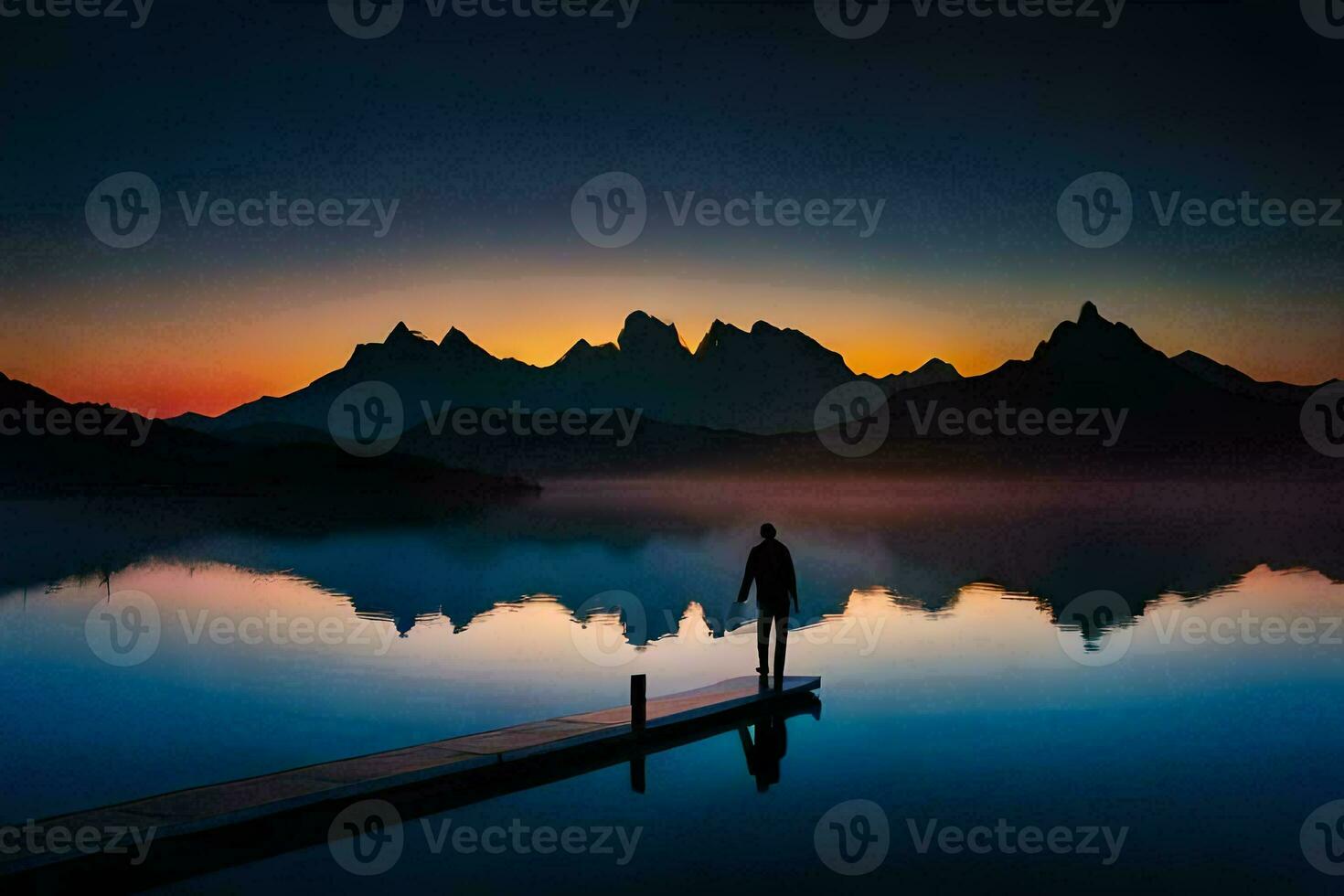 a man stands on a dock at sunrise in the mountains. AI-Generated photo