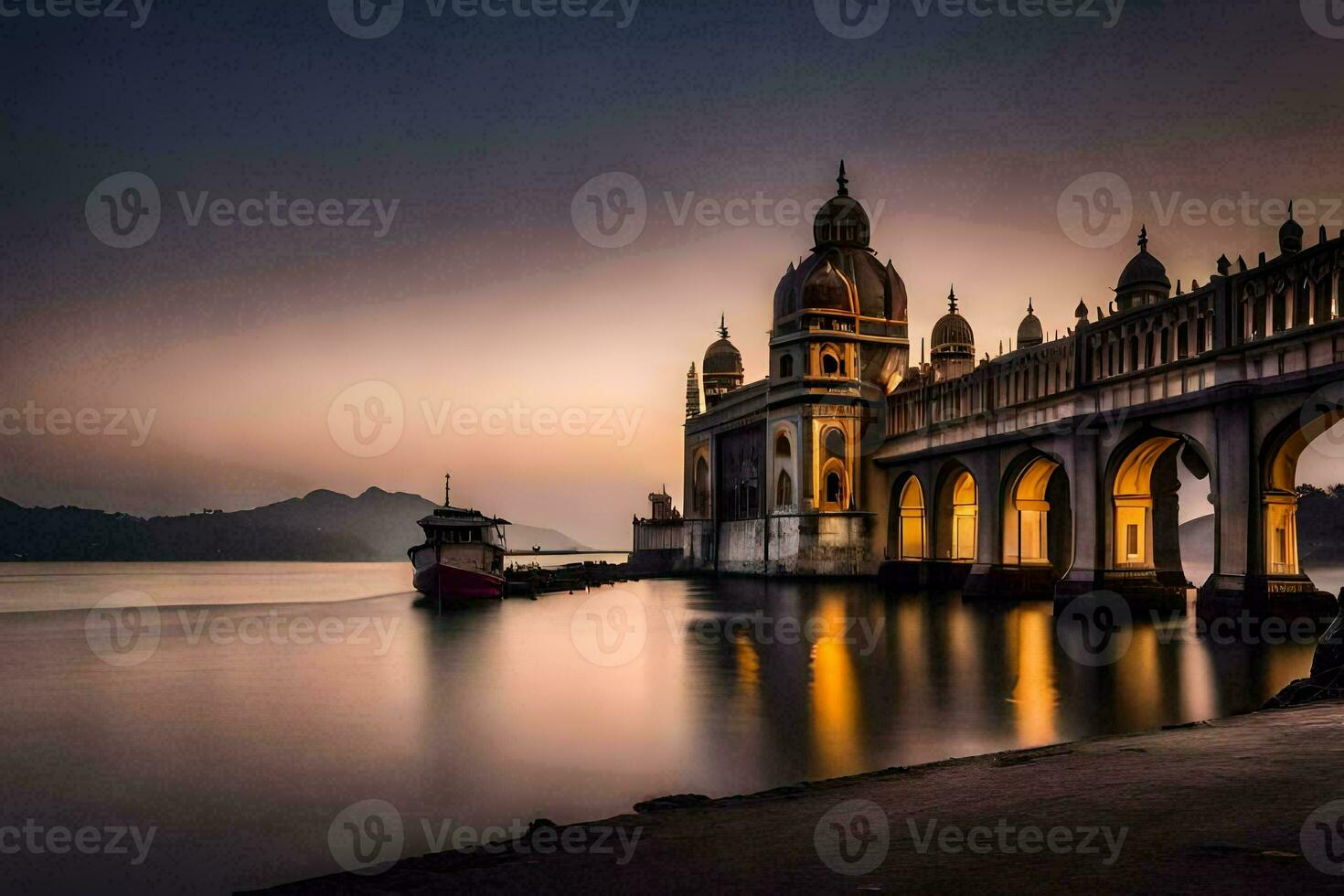 a boat is tied to a bridge at sunset. AI-Generated photo