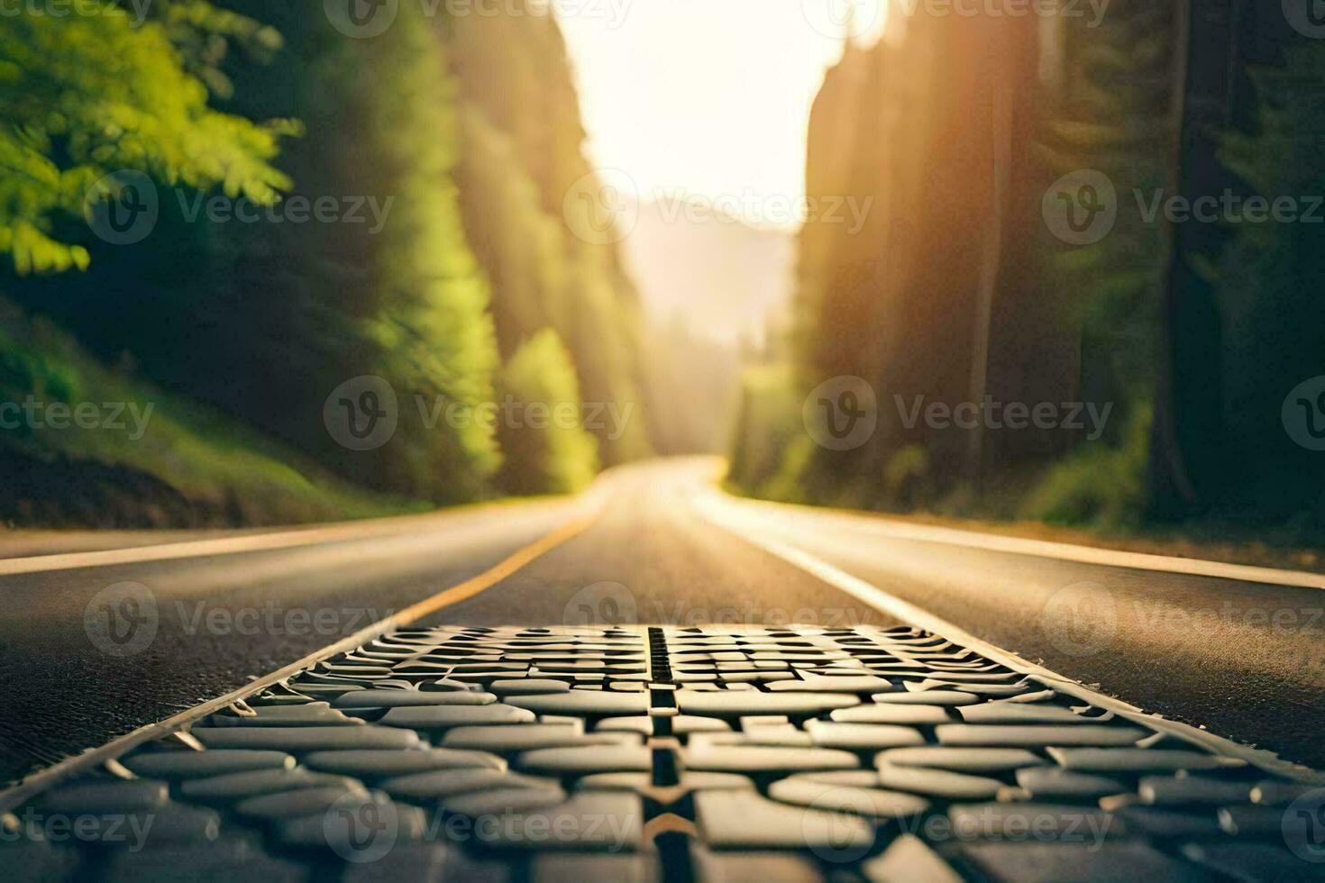 a road with a paved path in the middle of the forest. AI-Generated photo