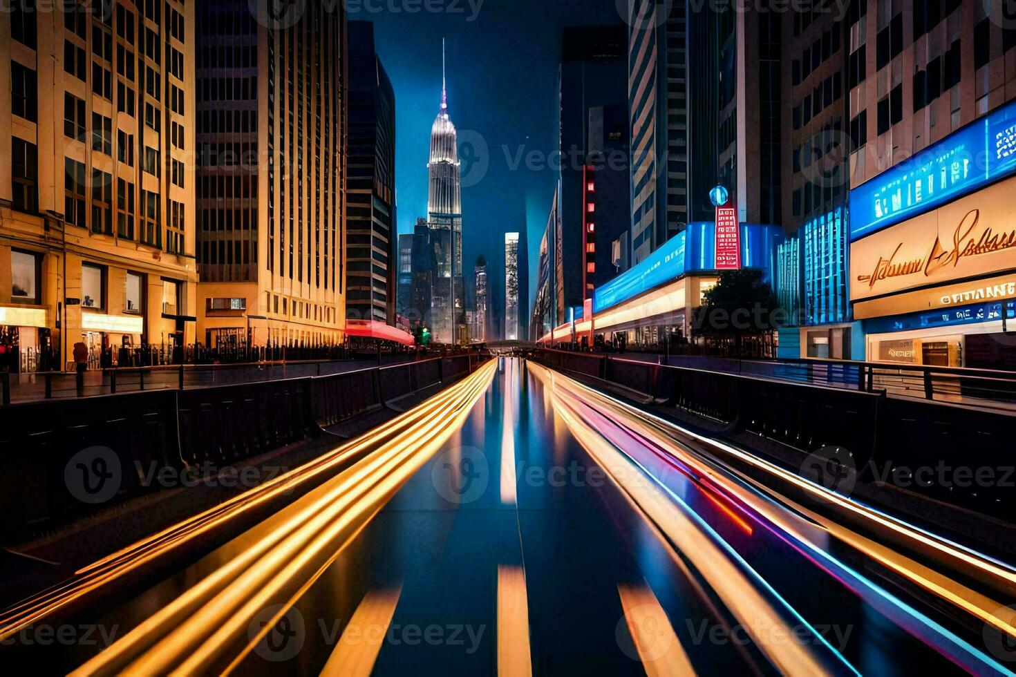 a long exposure photograph of a city street at night. AI-Generated photo