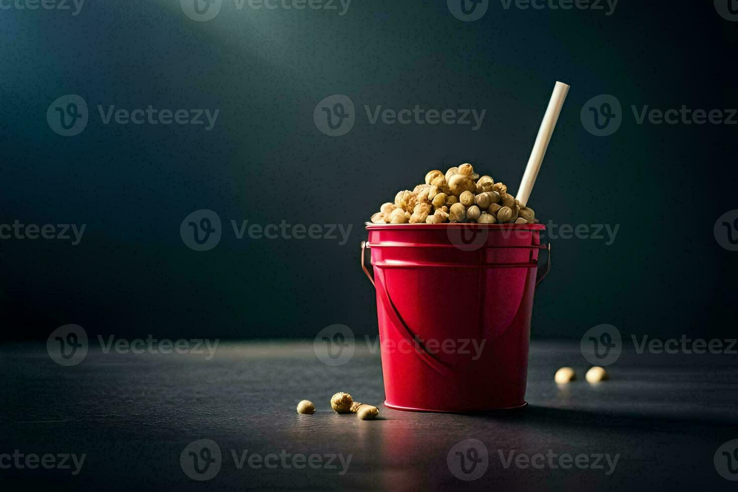 a bucket of popcorn with a straw on a dark table. AI-Generated photo