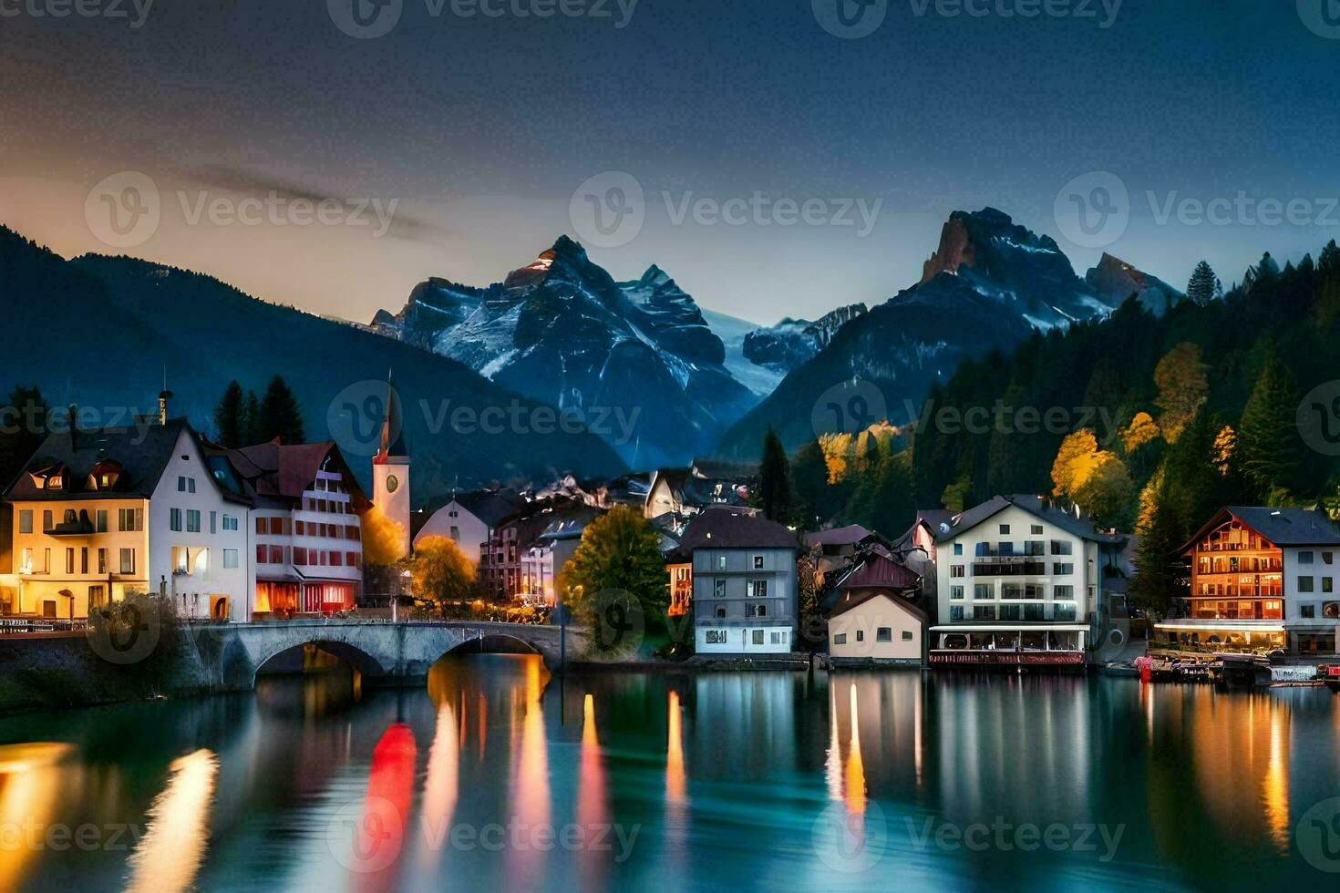 the town of hallstatt, switzerland, at dusk. AI-Generated photo