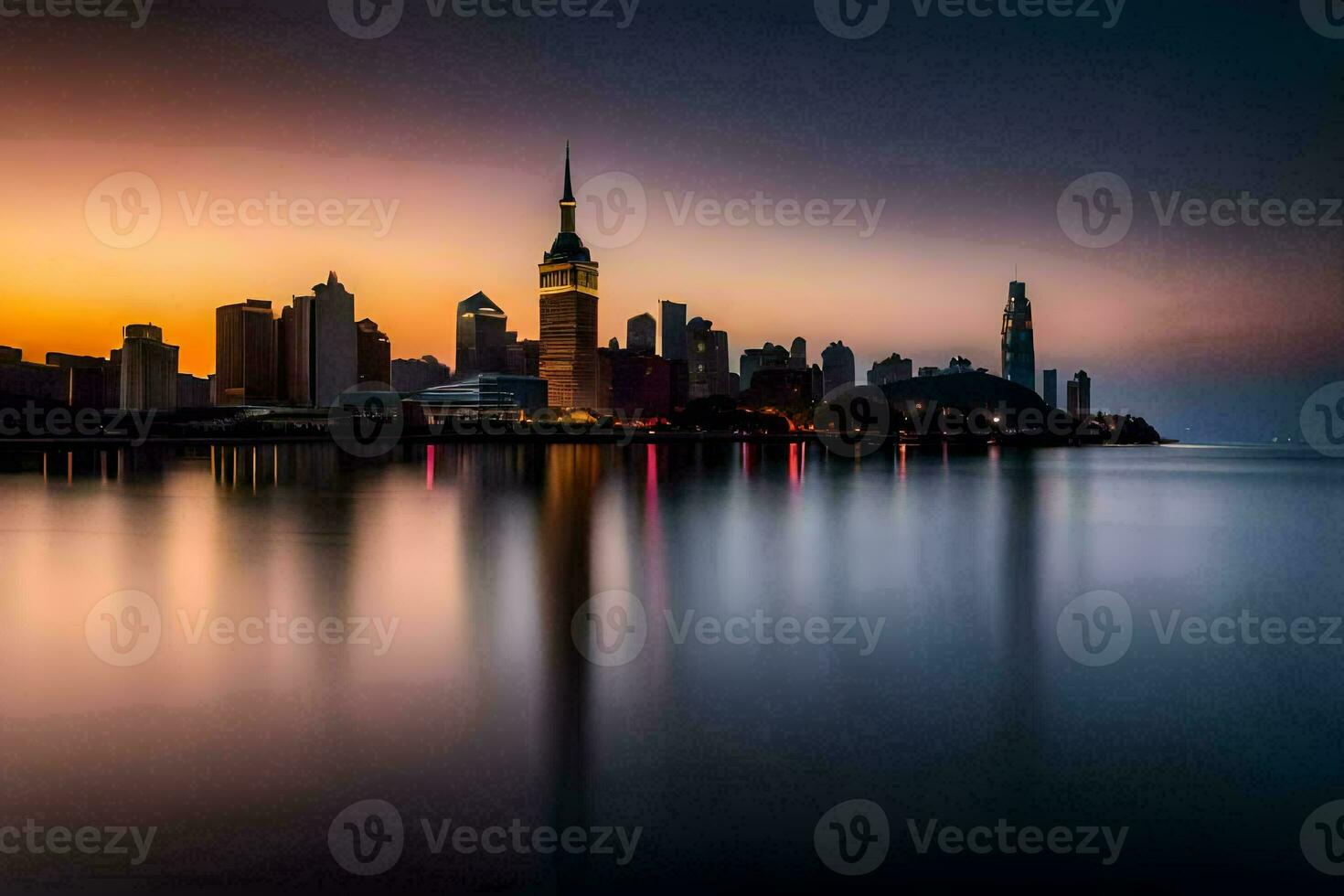 the city skyline at sunset in shanghai. AI-Generated photo