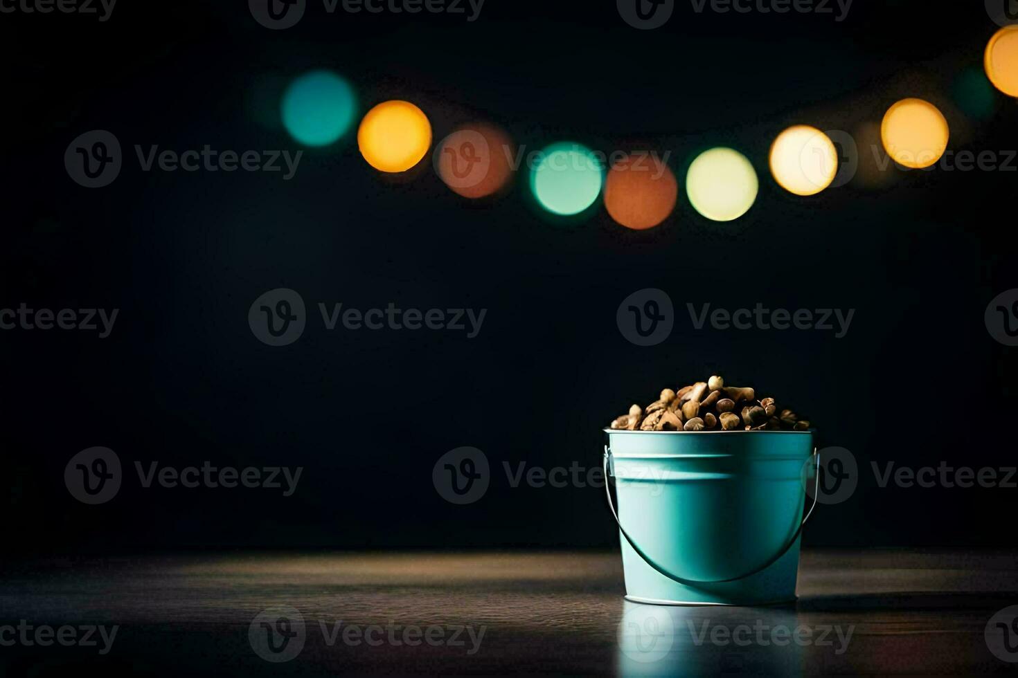 a bucket of peanuts on a table in front of a string of lights. AI-Generated photo