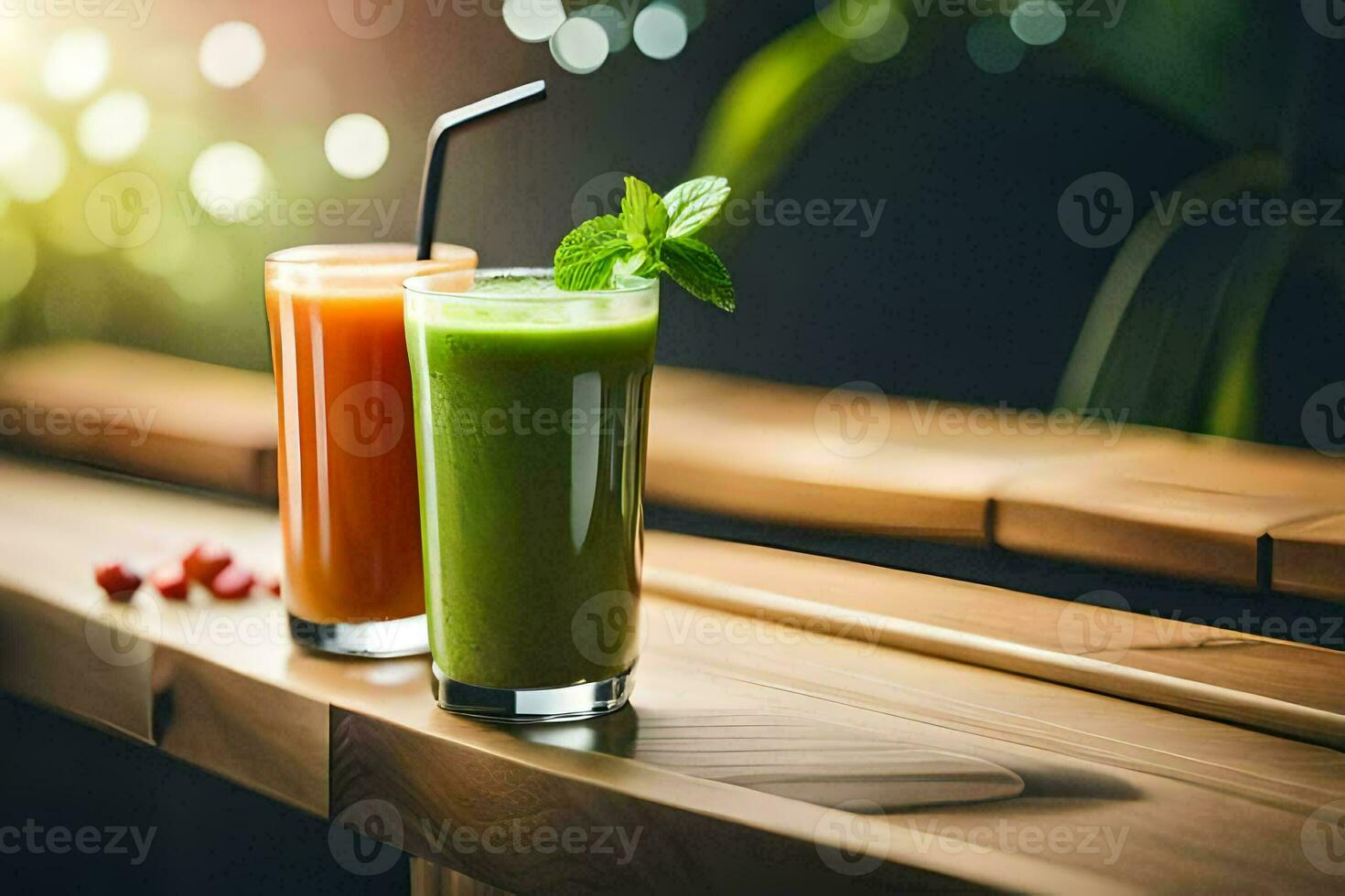 dos lentes de verde y naranja batidos en un de madera mesa. generado por ai foto