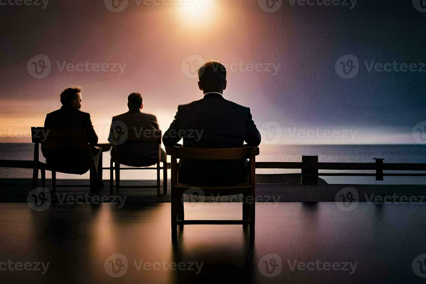 Tres hombres sentado en sillas en frente de el océano. generado por ai foto